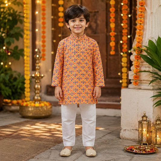 Woven Full Sleeves Digital Printed Kurta and Pyjama Set - Yellow