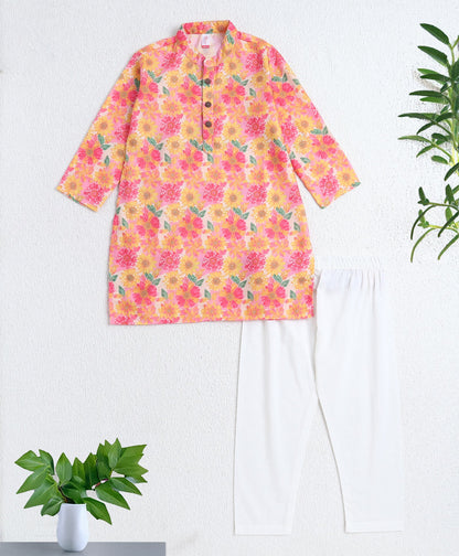 Woven Full Sleeves Digital Floral Printed Kurta and Pyjama Set - Yellow