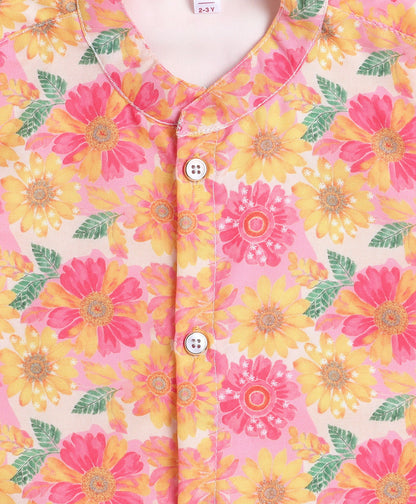 Woven Full Sleeves Digital Floral Printed Kurta and Pyjama Set - Yellow