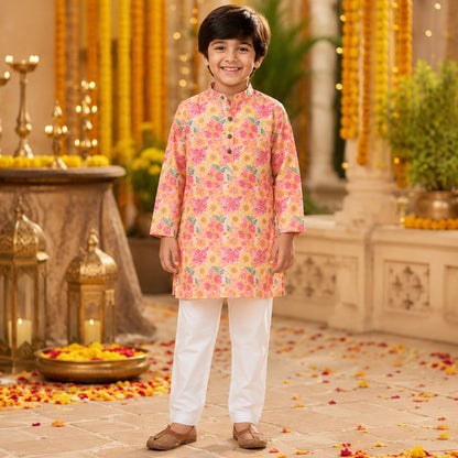 Woven Full Sleeves Digital Floral Printed Kurta and Pyjama Set - Yellow