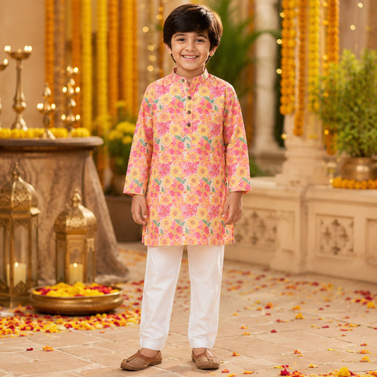 Woven Full Sleeves Digital Floral Printed Kurta and Pyjama Set - Yellow