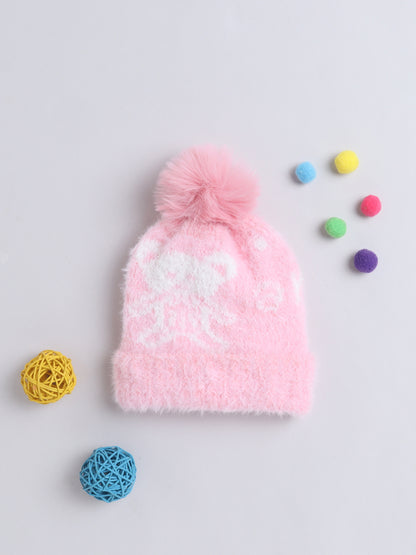Kids Cute Bear Design Woolen Cap With Pom Pom Pink