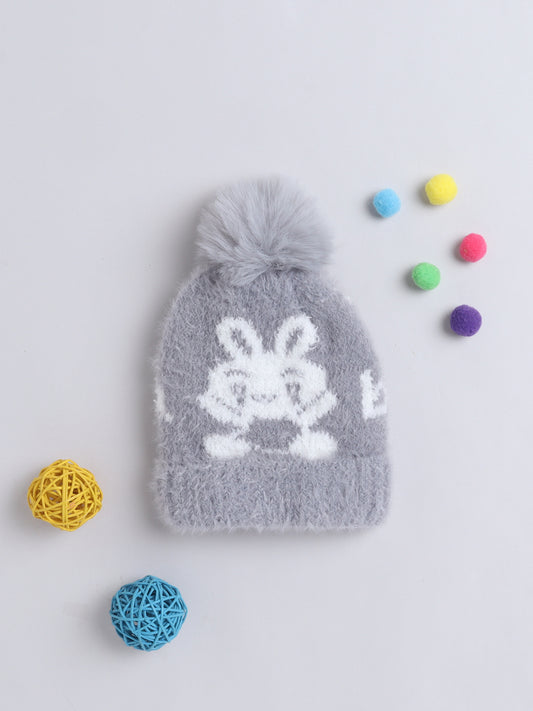 Kids Cute Fox Design Woolen Cap With Pom Pom Grey