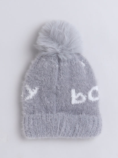 Kids Cute Fox Design Woolen Cap With Pom Pom Grey