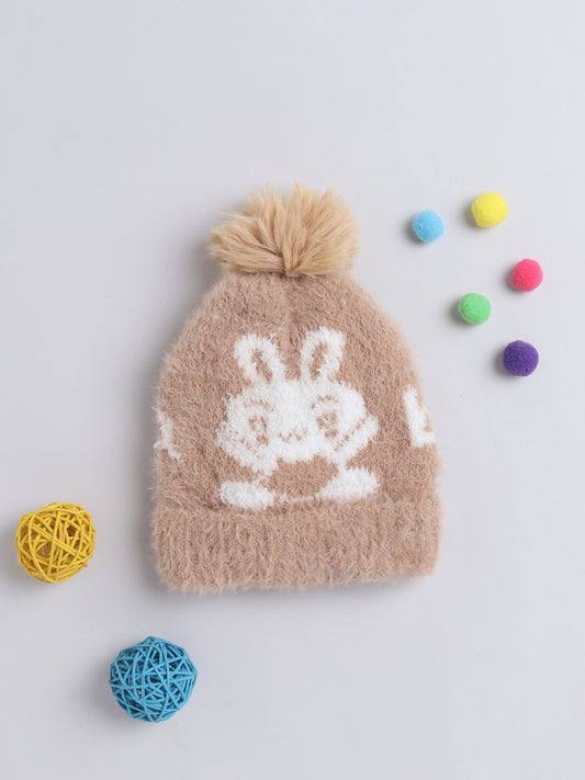 Kids Cute Fox Design Woolen Cap With Pom Pom Brown
