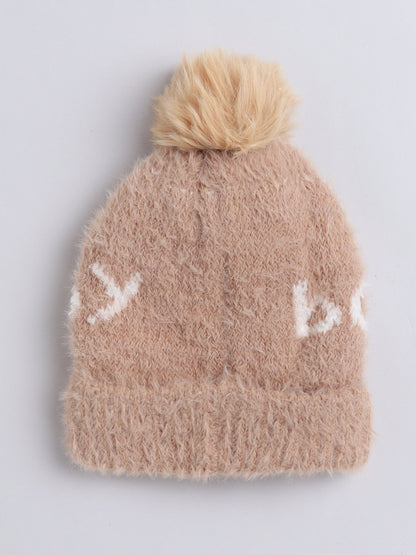 Kids Cute Fox Design Woolen Cap With Pom Pom Brown
