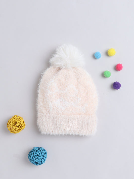 Kids Cute Fox Design Woolen Cap With Pom Pom Off White