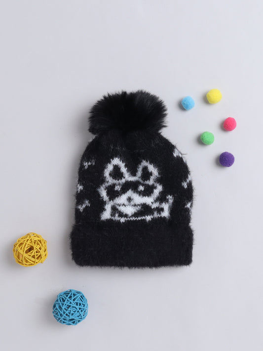 Kids Cute Fox Design Woolen Cap With Pom Pom Black