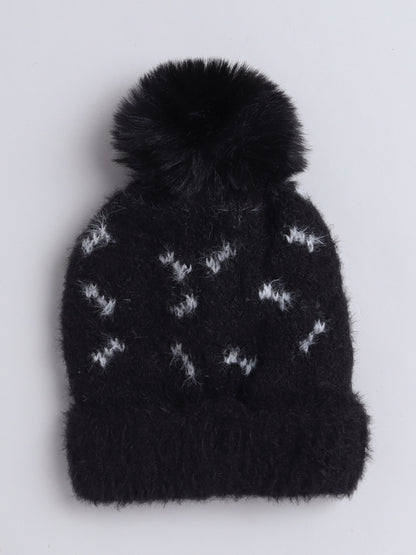 Kids Cute Fox Design Woolen Cap With Pom Pom Black