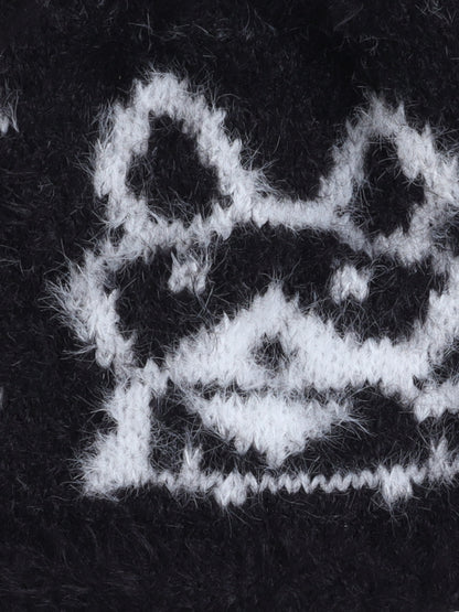 Kids Cute Fox Design Woolen Cap With Pom Pom Black