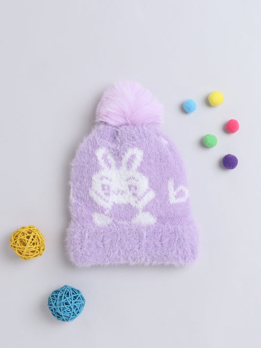 Kids Cute Bear Design Woolen Cap With Pom Pom Purple