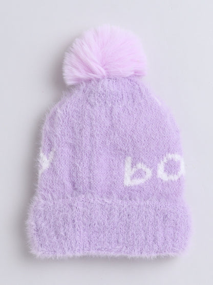 Kids Cute Bear Design Woolen Cap With Pom Pom Purple