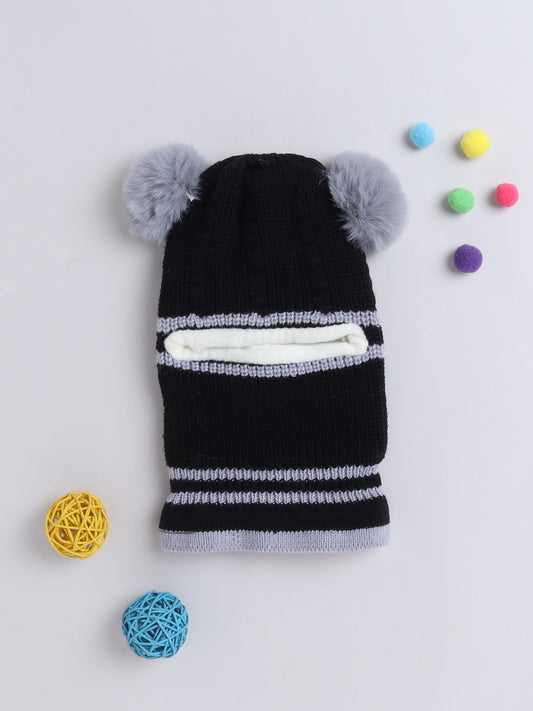 Kids Stipes Design Monkey Cap With Pom Pom Black