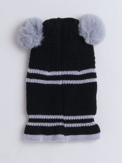 Kids Stipes Design Monkey Cap With Pom Pom Black