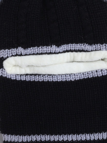 Kids Stipes Design Monkey Cap With Pom Pom Black