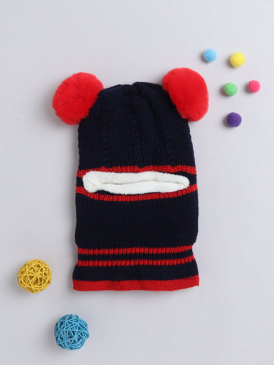 Kids Stipes Design Monkey Woolen Cap With Pom Pom Navy Blue