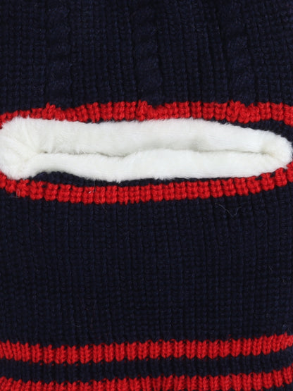 Kids Stipes Design Monkey Woolen Cap With Pom Pom Navy Blue