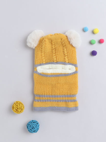 Kids Stipes Design Monkey Woolen Cap With Pom Pom Mustard