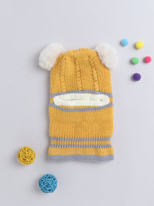 Kids Stipes Design Monkey Woolen Cap With Pom Pom Mustard