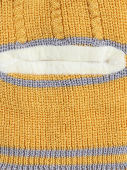 Kids Stipes Design Monkey Woolen Cap With Pom Pom Mustard