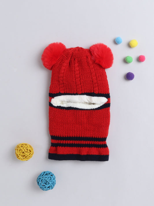 Kids Stipes Design Monkey Woolen Cap With Pom Pom Red