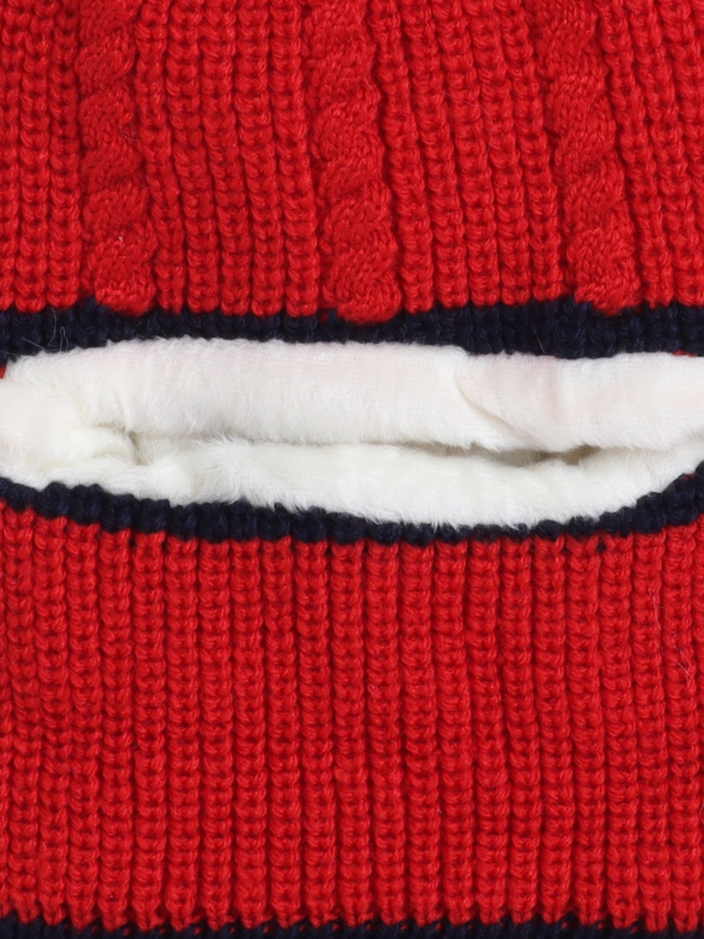 Kids Stipes Design Monkey Woolen Cap With Pom Pom Red