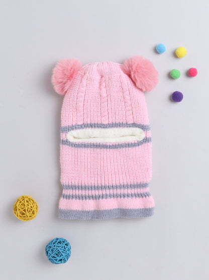 Kids Stipes Design Monkey Woolen Cap With Pom Pom Pink