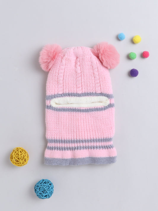 Kids Stipes Design Monkey Woolen Cap With Pom Pom Pink