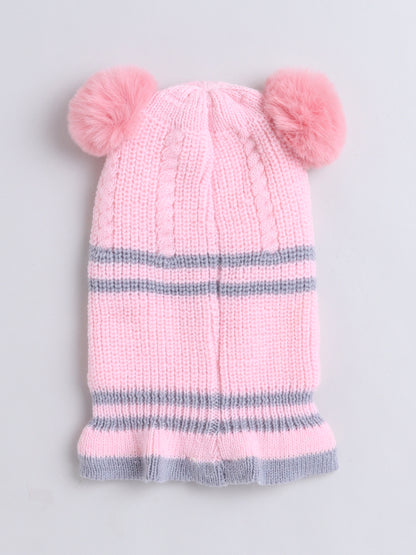 Kids Stipes Design Monkey Woolen Cap With Pom Pom Pink