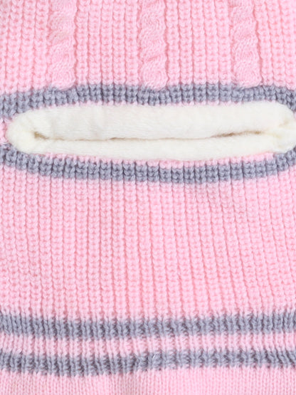 Kids Stipes Design Monkey Woolen Cap With Pom Pom Pink