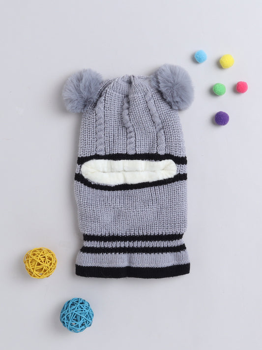 Kids Stipes Design Monkey Woolen Cap With Pom Pom Grey