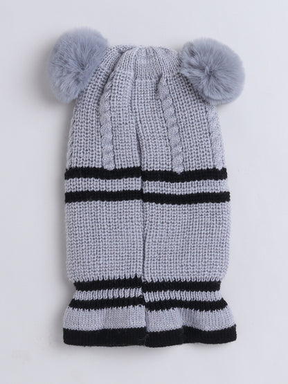 Kids Stipes Design Monkey Woolen Cap With Pom Pom Grey