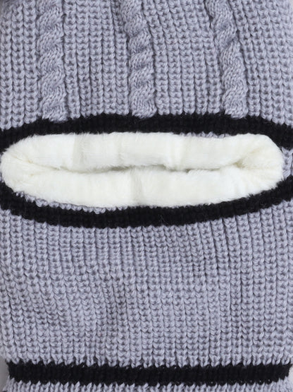 Kids Stipes Design Monkey Woolen Cap With Pom Pom Grey