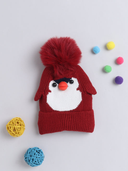 Kids Cute Penguin Design Woolen Cap With Pom Pom Maroon