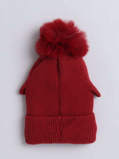 Kids Cute Penguin Design Woolen Cap With Pom Pom Maroon