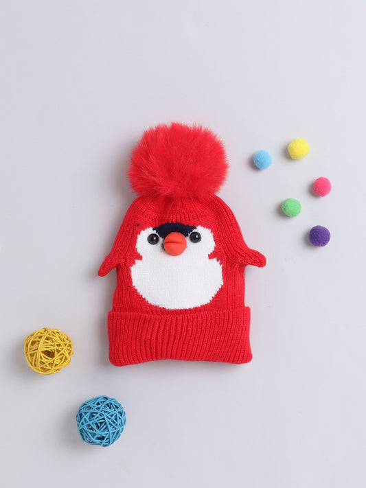 Kids Cute Penguin Design Woolen Cap With Pom Pom Red