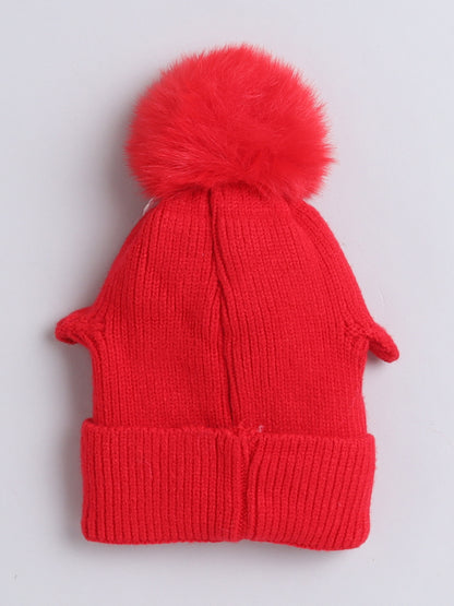 Kids Cute Penguin Design Woolen Cap With Pom Pom Red