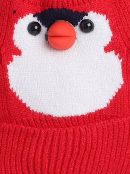 Kids Cute Penguin Design Woolen Cap With Pom Pom Red