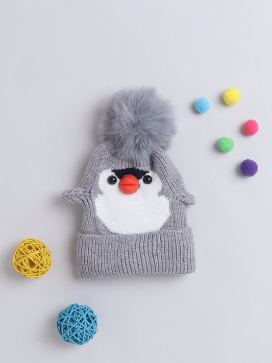 Kids Cute Penguin Design Woolen Cap With Pom Pom Grey