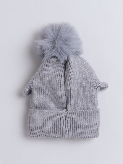 Kids Cute Penguin Design Woolen Cap With Pom Pom Grey