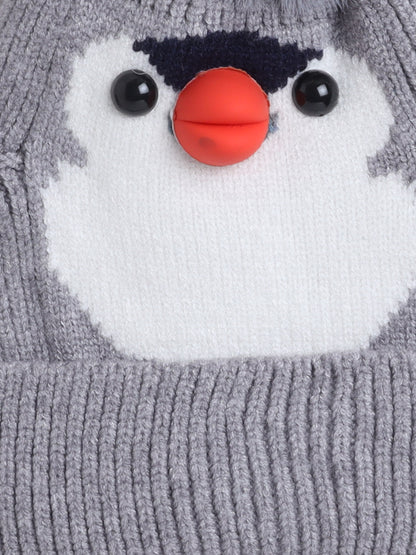 Kids Cute Penguin Design Woolen Cap With Pom Pom Grey
