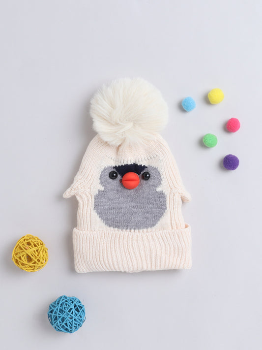 Kids Cute Penguin Design Woolen Cap With Pom Pom Beige