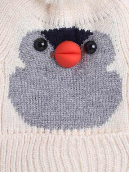 Kids Cute Penguin Design Woolen Cap With Pom Pom Beige