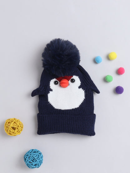 Kids Cute Penguin Design Woolen Cap With Pom Pom Navy Blue