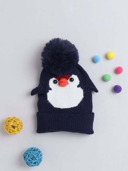 Kids Cute Penguin Design Woolen Cap With Pom Pom Navy Blue