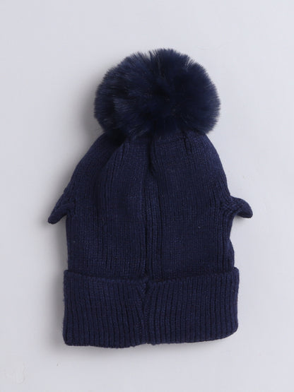 Kids Cute Penguin Design Woolen Cap With Pom Pom Navy Blue
