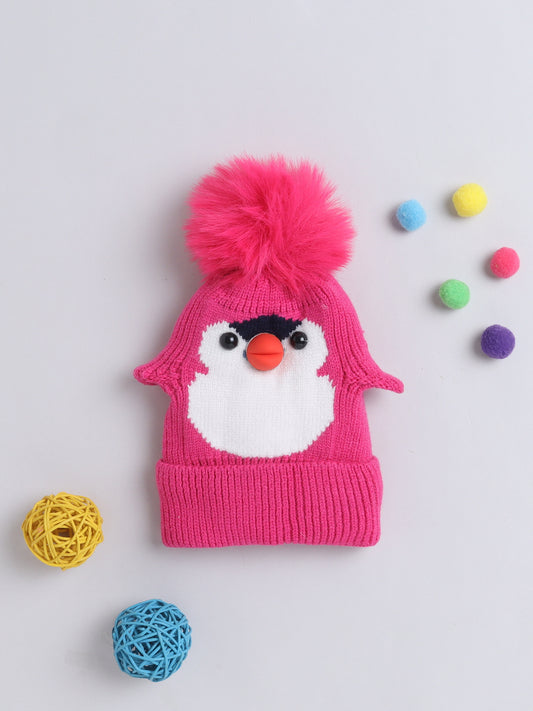Kids Cute Penguin Design Woolen Cap With Pom Pom Pink