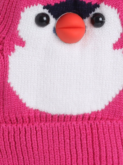 Kids Cute Penguin Design Woolen Cap With Pom Pom Pink