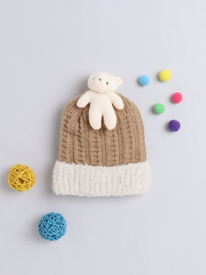 Kids Cute Bear Applique Woolen Cap Brown
