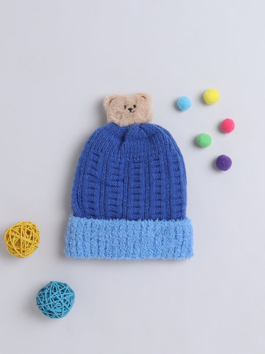 Kids Cute Bear Face Applique Woolen Cap Blue
